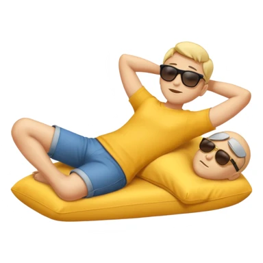 A full-body emoji man, with classic yellow skin tone, lying down or leaning back in a relaxed pose. He is wearing sunglasses and has both arms behind his head. The style should match standard emoji designs (like Apple sticker