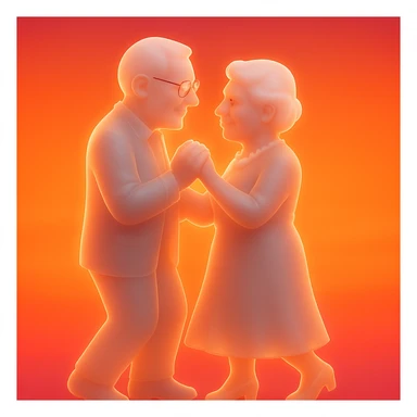 Add a vivid sunset background behind the elderly couple dancing closely, smiling at each other, keep realistic 3D style, romantic mood, warm and vibrant sunset lighting enhancing the intimate dance scene. sticker
