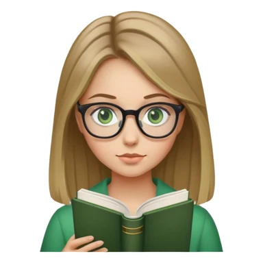 Dark blonde hair with green eyes and glasses girl reading a black book sticker