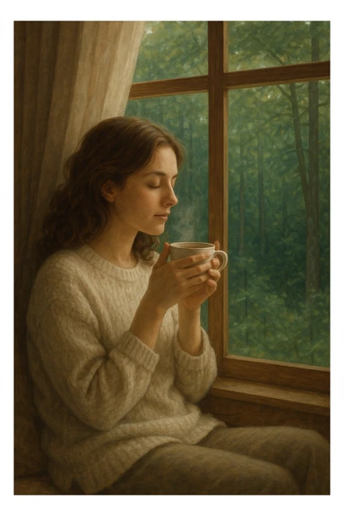 A woman enjoying tea by a window with a forest view sticker