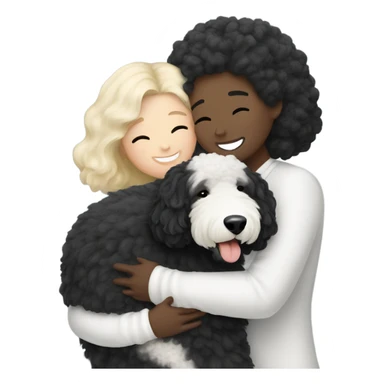 black-short hair-sheepadoodle-having-a-really-big-cuddle-with-white-lady-with-blonde-long-hair sticker