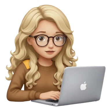 blonde girl with long dark blonde wavy hair, pantos-style glasses, a brown sweater, sitting and looking in laptop, soft pastel, upper body shot sticker