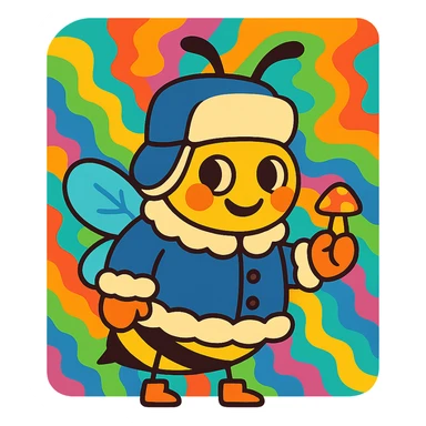 bee in a Russian winter coat, holding a tiny mushroom, trippy colorful background, cheeky carefree smile sticker