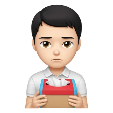generate a pretty bratz boy with black hair, wearing a plain white polo shirt. Looking sad, holding a box of tissues sticker