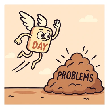 A surreal image of a day flying away from everyday problems. The day is depicted as a flat, cartoonish character with wings, flying away from a pile of problems. sticker
