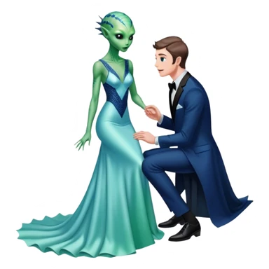 alien reptilian green skin woman, in long slim pastel blue formal party satin dress with gradient shiny sparkling navy blue diamonds embroidered , and caucasian man in black dres on his knees asks her to marry her sticker