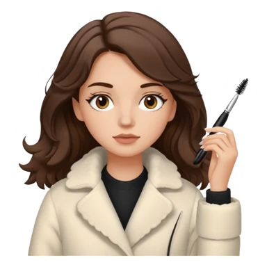 Garota branca de cabelos levemente ondulados castanhos escuros médio aplicando máscara de cílios, ela veste casaco off white estilo cozy sticker