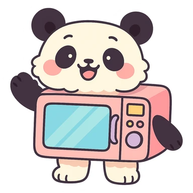 chibi-style microwave oven transformed into a fluffy panda, blushing and waving happily, soft pastel colors, full-body sticker
