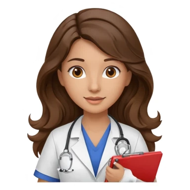 make a brunette nurse with long brown wavy hair and brown eyes holding a clipboard. she should also have a stethoscope around her neck. sticker