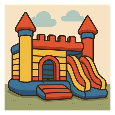 inflatable castle, primary colors, rounded shapes, cartoon style, no text sticker