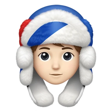 white ushanka winter hat with Russian tricolor flag (white, blue, red) prominently displayed on the front sticker