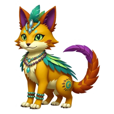 Kawaii cute reddish orangish yellowish greenish purplish exotic tribal beautiful pretty elegant divine edgy feline-vernid-sergal-Fakémon-Pokémon-Digimon-fursona-animal-creature with bracelet, necklace, full body, with intricate detailed markings, feather headdress  sticker