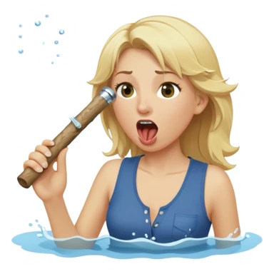 blond woman biting a wide stick with a D-shaped knob, both the same color as her skin, the knob has visible skin texture, the stick coming out of a pair of pants hanging nearby, water jet shooting from the flat side of the knob into her mouth, surprised look sticker