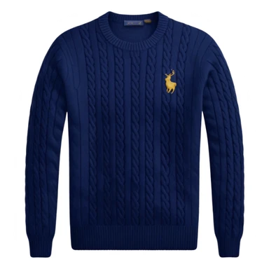 Ralph Lauren sweater, classic cable knit, navy blue, small polo logo sticker