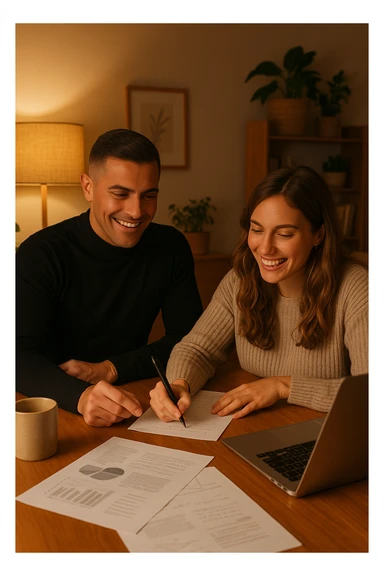 a man and woman work together on a project at home, with the man offering guidance and the woman actively participating and contributing ideas. Their expressions show teamwork and satisfaction, highlighting the benefits of collaboration and shared leadership. The setting is warm and inviting. sticker