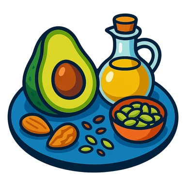 plate with avocado, nuts, olive oil, and seeds in vibrant toon style sticker