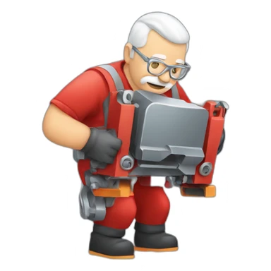 Industrial professional senior mechanical assembler working on the assembly of heavy machinery with a red outfit sticker