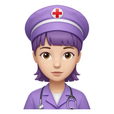 A young female slim nurse with short brown hair with fringe over her forehead, wearing larvendar purple working cloth sticker