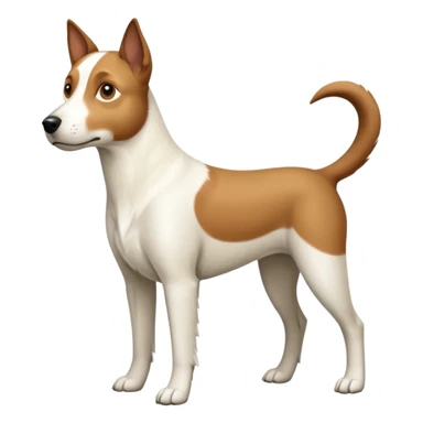 a full body large white parson russell looking dog the size of a kelpie with light brown flapped down ears and a light brown patch on one eye and a large snout sticker