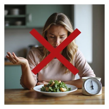 adult woman, photorealistic, sitting at table with plate of salad and kitchen scale, large red X over scale, desperate expression, natural light, kitchen background, concept of diet not working sticker