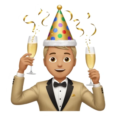 An energetic man throws his head back, drinking champagne loudly as the New Year begins. sticker