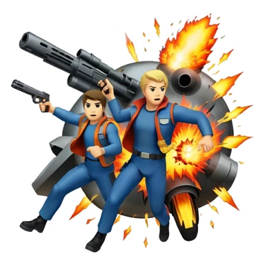 Icon for Action Movies Collage: Collage of iconic action movie elements, including explosions, a hero with weapons, a high-speed chase, and dramatic fight scenes. The design should be dynamic, colorful, and full of energy, capturing the essence of action films. Transparent background. sticker