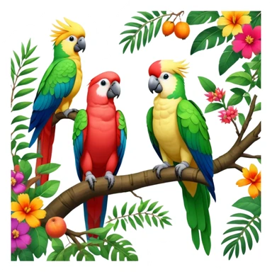 Close-up collage of vibrant Ara parrots and Inca cockatoos sitting on tree branches, surrounded by lush greenery. Bright colors of the birds stand out against a natural, sunny background of trees, flowers and fruits. Transparent background. sticker