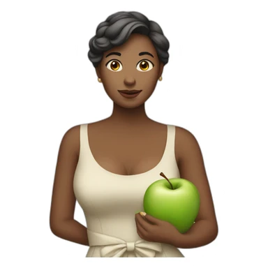 woman in dress holding apple sticker