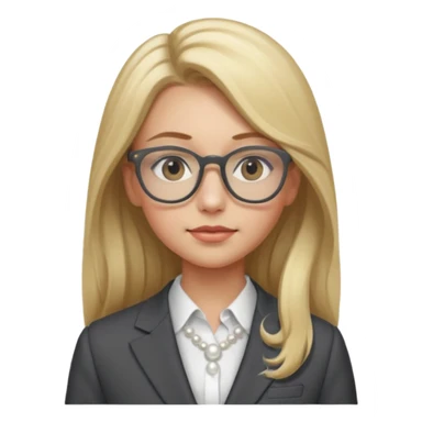 Please take the girl with laptop emoji and make her glassess light brown and her nose a bit smaller and pointier and she has blonde long hair and a dark grey suit and pearls sticker