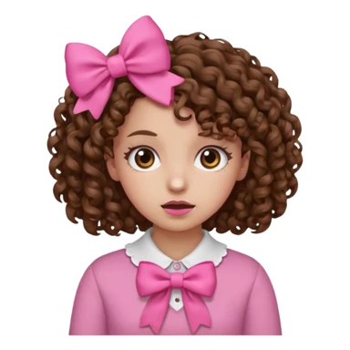 Curly hair girl, Pleading Face emoji, using pink bow sticker