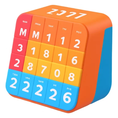 3D calendar, playful style, bright colors, rounded corners, minimalistic numbers sticker