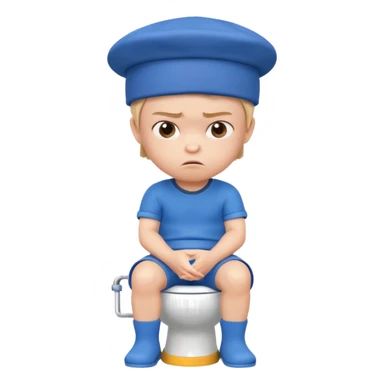 3D cartoon child character in blue outfit and blue hat, sitting on a toilet, looking angry with crossed arms, pastel background, preschool animation style." sticker