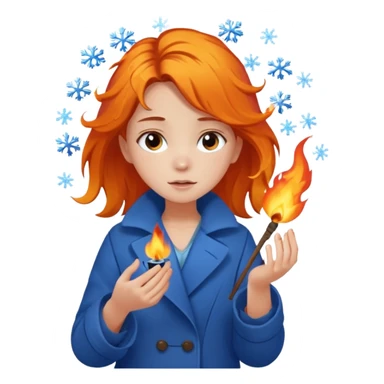 A barefoot girl in a tattered blue coat, cupping a tiny flame gently while snowflakes fall on her hair.
 sticker