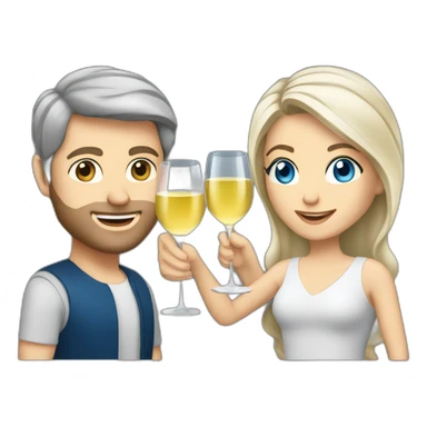caucasian woman with brown eyes and blond medium long hair and a caucasian man with blue eyes and grey hair, toasting with a glass of white wine sticker