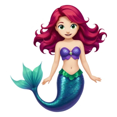 Ariel from Disney's The Little Mermaid, smiling, with flowing red hair, purple seashell top, and green mermaid tail, apple-style emoji art sticker