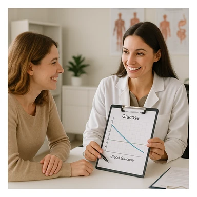 woman consulting a nutritionist, both smiling, nutritionist showing a graph of improving blood glucose, supportive atmosphere, realistic details, medical office background sticker
