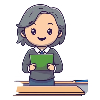 smiling English teacher with airtouch hair and grey-green eyes teaching in a classroom with chalkboard sticker