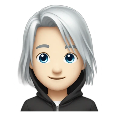 emote for a boy with head and shoulders only, chibi anime style, long straight white hair, blue eyes, black hoodie, Happy sticker