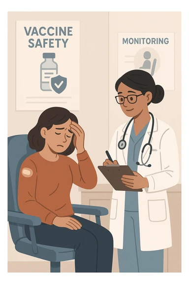 Vertical, educational medical illustration: a healthcare professional observes a patient who appears unwell after receiving a vaccine. The patient sits in a clinic chair, showing mild symptoms such as fatigue or headache, while the professional takes notes and offers reassurance. The background includes educational posters about vaccine safety and monitoring. sticker