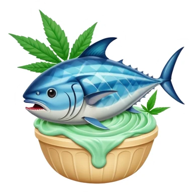 bluefin tuna in a gelato with cannabis leaf sticker