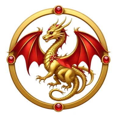 Golden dragon with wings crest / brosch in a circle with red gems and no background sticker