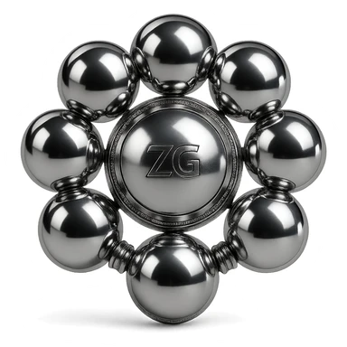 group of chrome spheres linked in a circular pattern around a central sphere, highly reflective and metallic, no background sticker