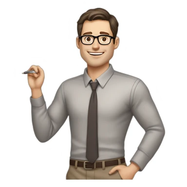 Pale skinned fit man with dark brown hair in gray jacket, beige office shirt, brown tie, brown pants and vintage glasses Writing text on a flipchart sticker