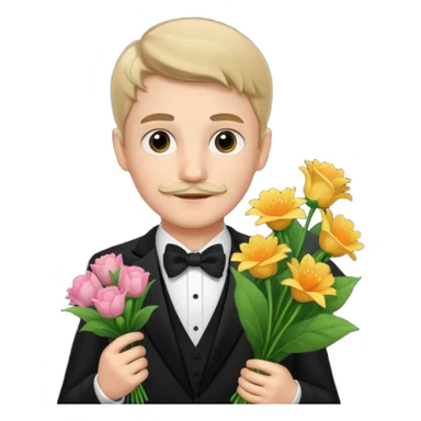 generate an ios genmoji of a 20 year old fair boy with very few and faint mustache hair. should look like he cant grow a mustache., carrying a flower bouquet, wearing a tux sticker