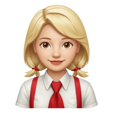 A Soviet pioneer girl emoji — smiling young girl wearing a white shirt and a bright red pioneer necktie tied in a loose triangle knot with wide ends (not a formal tie). No hat or headwear. Blonde hair, friendly face, flat minimal emoji style, Apple emoji aesthetic, clean outlines and soft shading. sticker