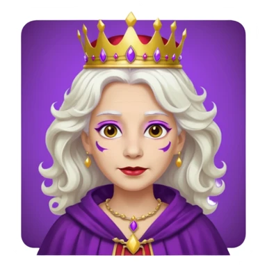 Queen with wavy white hair – golden crown, purple robe, red face paint mark sticker