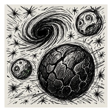 map of dark back ward -“A dark cosmic region orbiting a massive black hole. No sunlight. A dead solar system with twisted planets and moons circling in silence. Monde Noir looms in the foreground — a cracked, obsidian planet with no atmosphere. Its moon, Oblieth, floats nearby, scarred and pitted, with faint green lights glowing from within cave openings. Stars are distorted and streaked by gravitational lensing. The entire scene is heavy, quiet, and surreal.” sticker