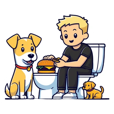 Guy with blonde hair and low taper fade on the toilet taking a poop with a dog eating a hamburger next to him sticker