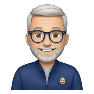 Light-skinned man with tight fade haircut (nearly shaved sides fading to very short on top), short graying beard, big black glasses frames, happy smile, navy blue zip-up sweatshirt with long sleeves sticker