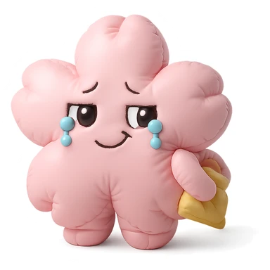 baby pink cherry blossom flower with teary eyes and a mischievous smile, hiding snacks behind its back, soft chubby body, kawaii face, cushion style sticker